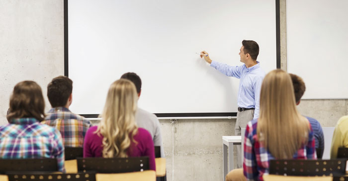 Dozent erlaeutert etwas an der Tafel waehrend eines Seminars im Fach Logistik